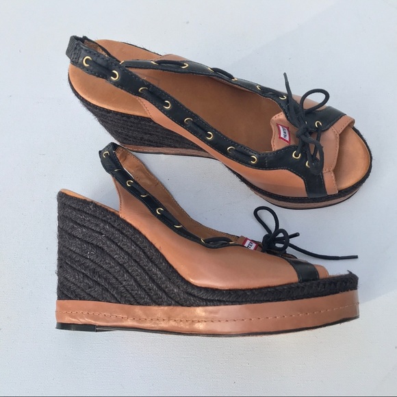 HUNTER boot wedge Sandals shoes 8 1/2 tie peep toe - Picture 7 of 8